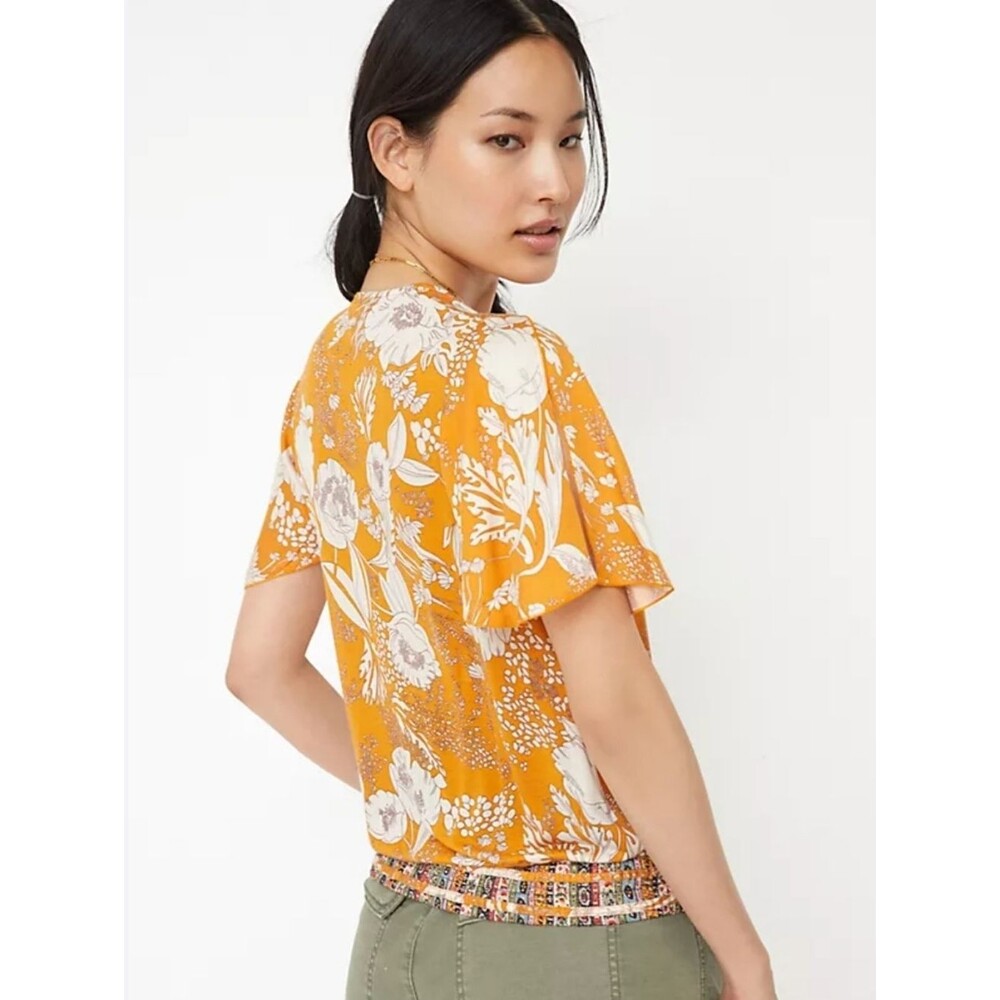 Anthropologie Tiny Floral Surplice V Neck Blouse Top Yellow Gold Women's Small